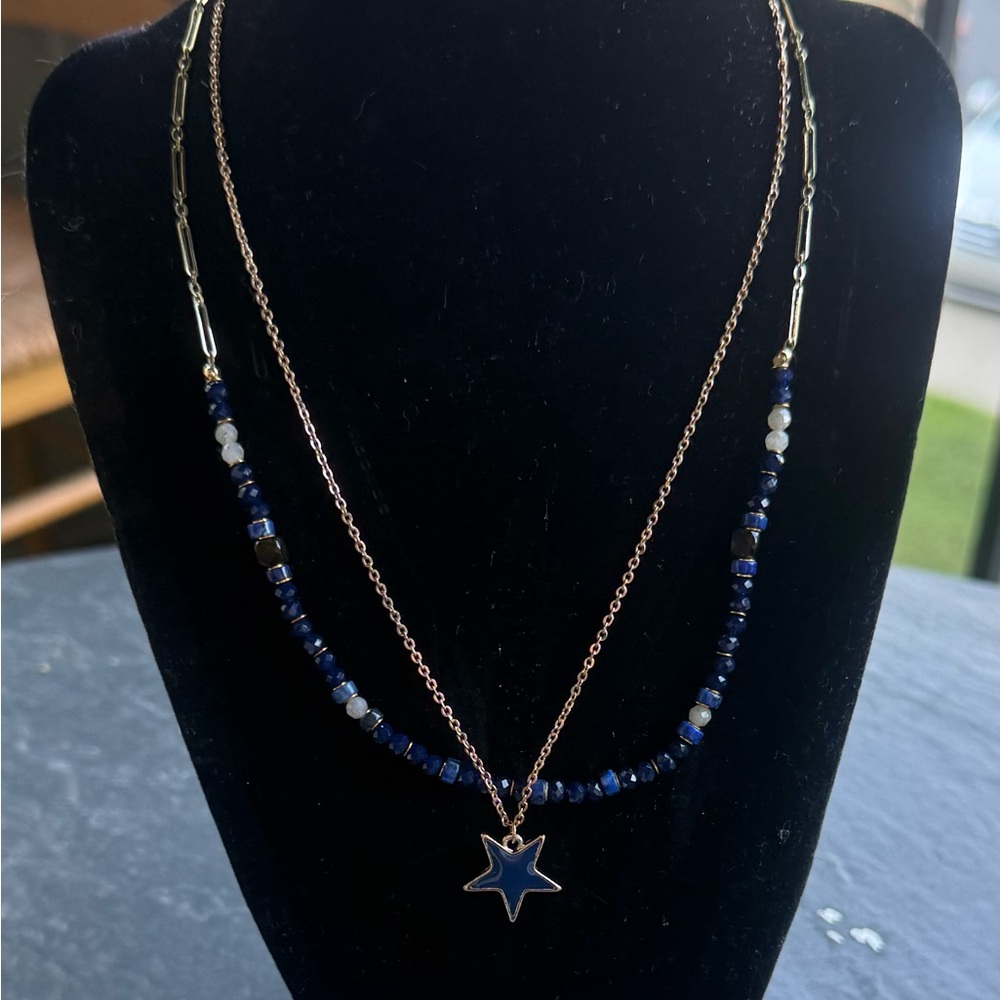 Chic Blue Lapis Lazuli and Gold Star Pendant Necklace